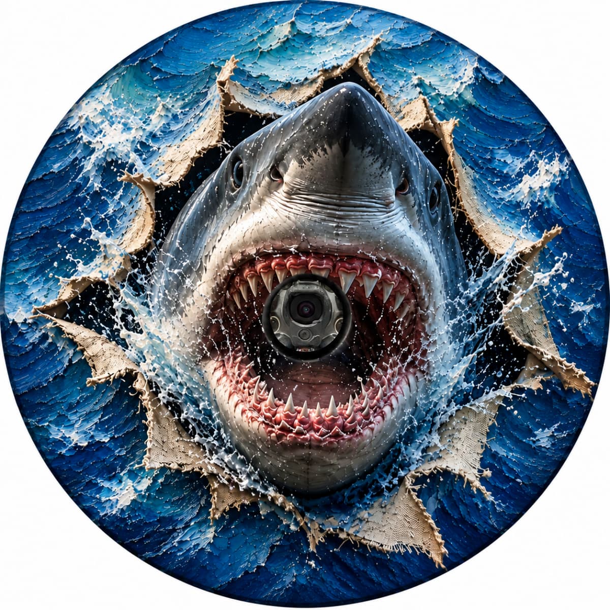 3D Great White Shark Ocean Burst Spare Tire Cover - Jeep, Bronco, RV, Camper & More