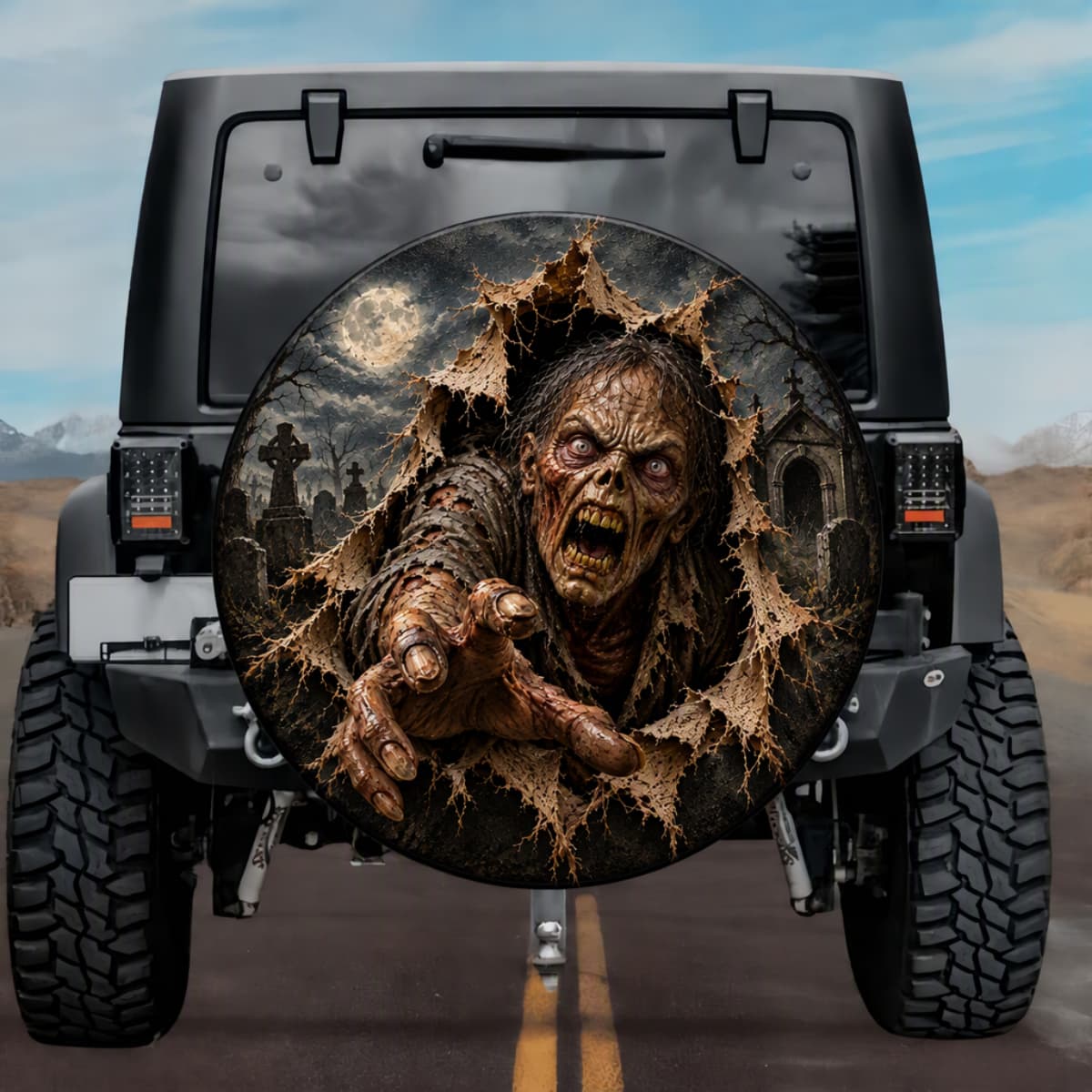 3D Zombie Graveyard Burst Halloween Spare Tire Cover - Jeep, Bronco, RV, Camper & More