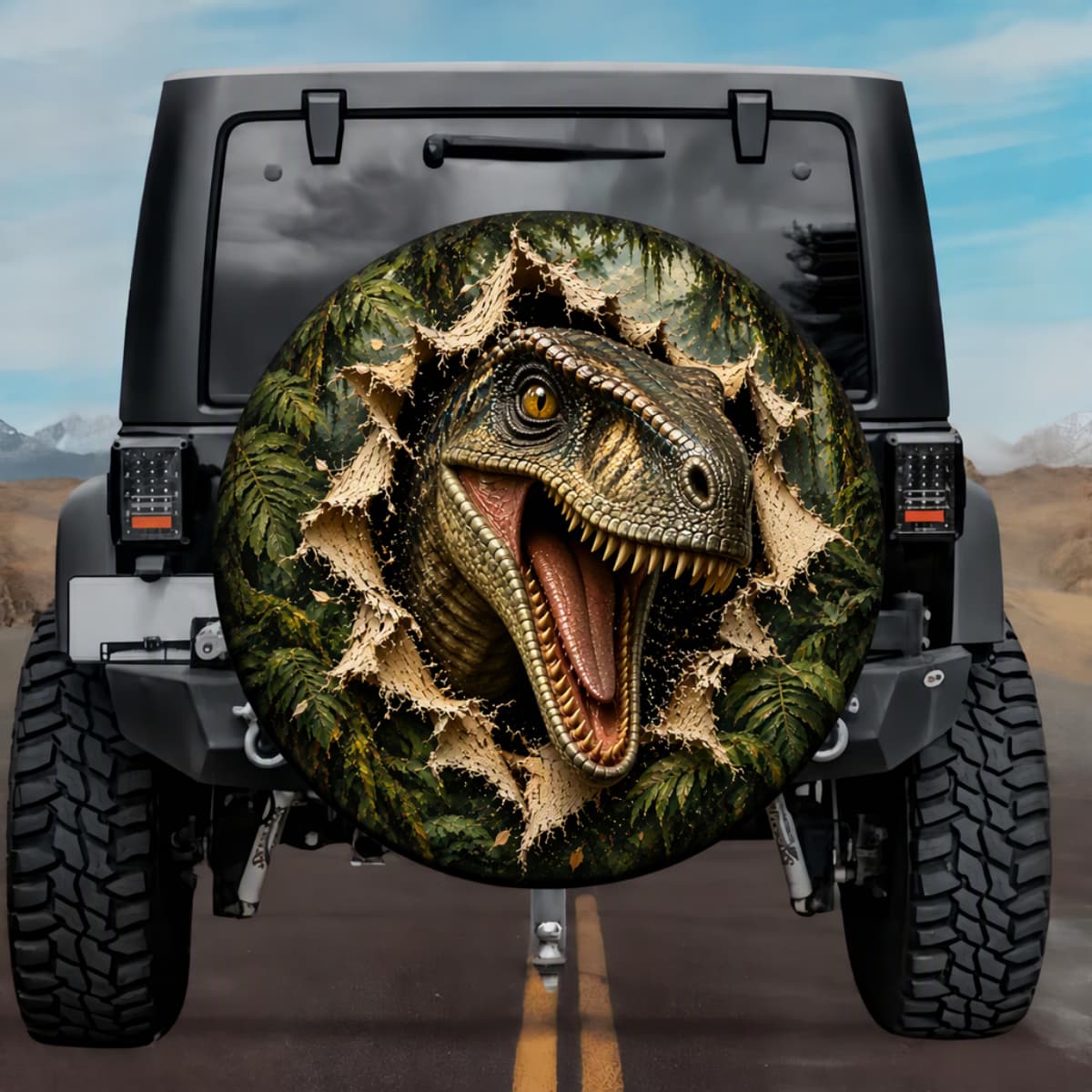 3D Velociraptor Dinosaur Jungle Burst Spare Tire Cover - Jeep, Bronco, RV, Camper & More