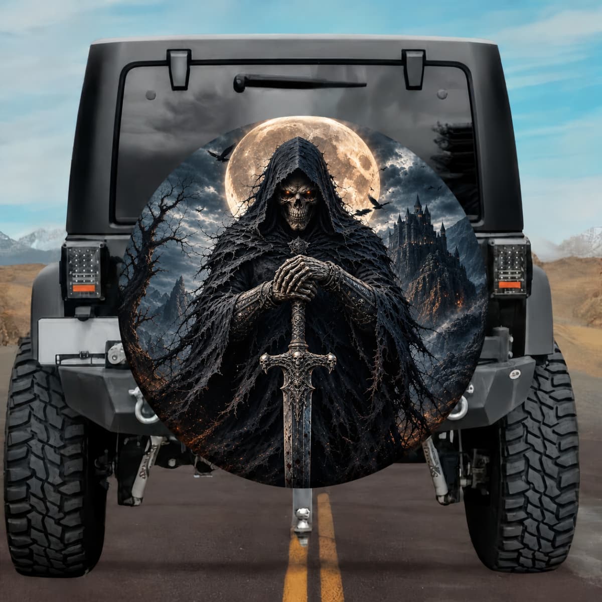 Dark Gothic Reaper Greatsword Spare Tire Cover - Jeep, Bronco, RV, Camper & More