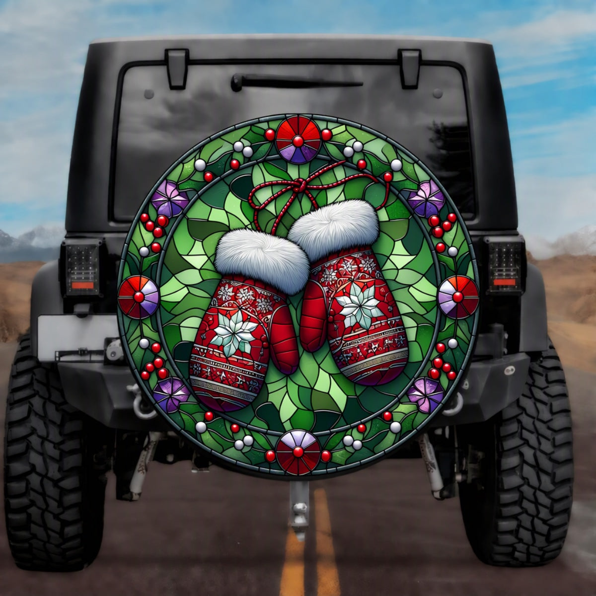 Stained Glass Winter Mittens Spare Tire Cover - Jeep, Bronco, RV, Camper & More