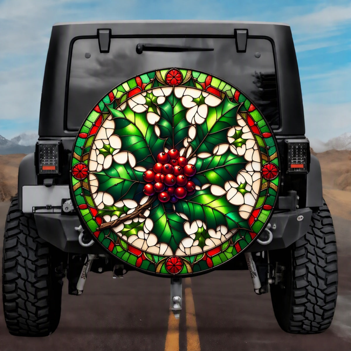 Stained Glass Holly Berries Spare Tire Cover - Jeep, Bronco, RV, Camper & More