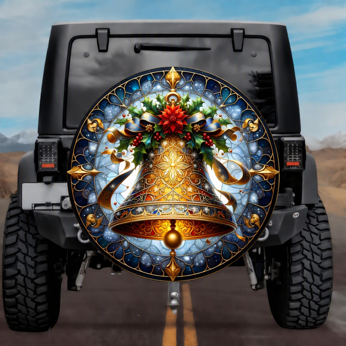 Stained Glass Christmas Bell Spare Tire Cover - Jeep, Bronco, RV, Camper & More