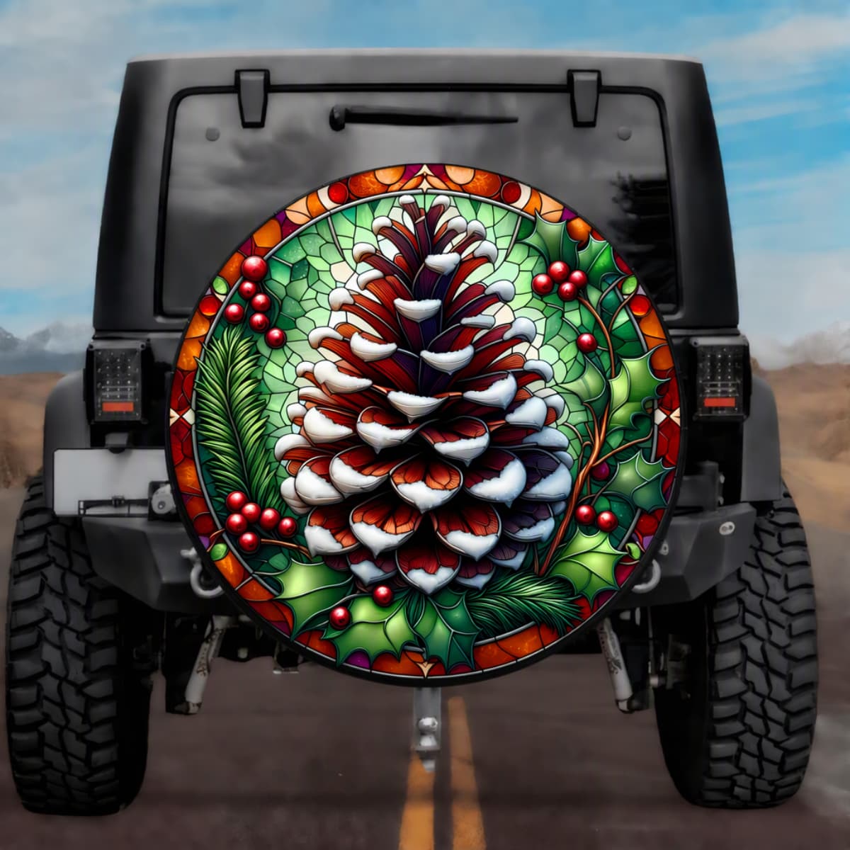 Stained Glass Snow Pinecone Spare Tire Cover - Jeep, Bronco, RV, Camper & More