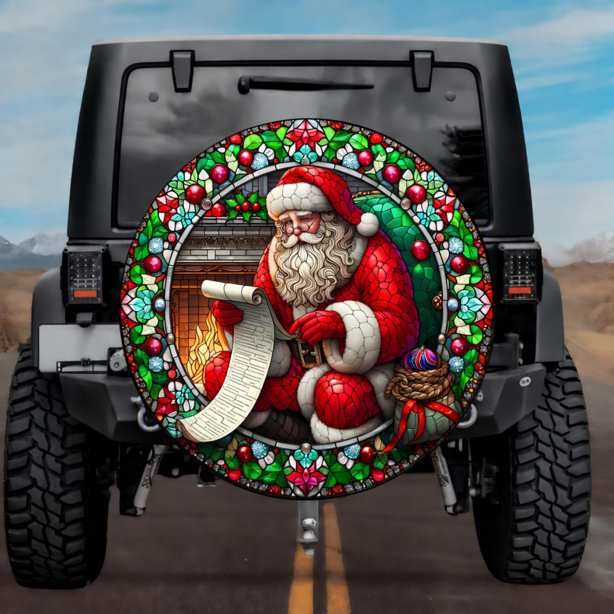 Stained Glass Santa Reading List Spare Tire Cover - Jeep, Bronco, RV, Camper & More