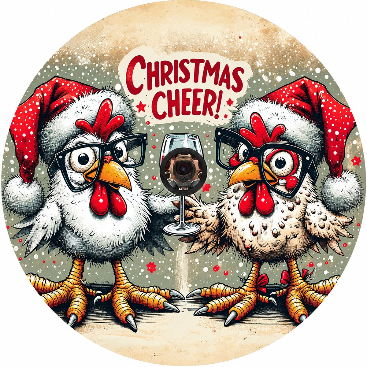 Holiday Farmhouse Cream Tone Wine Drinking Chicken Spare Tire Cover - Jeep, Bronco, RV, Camper & More