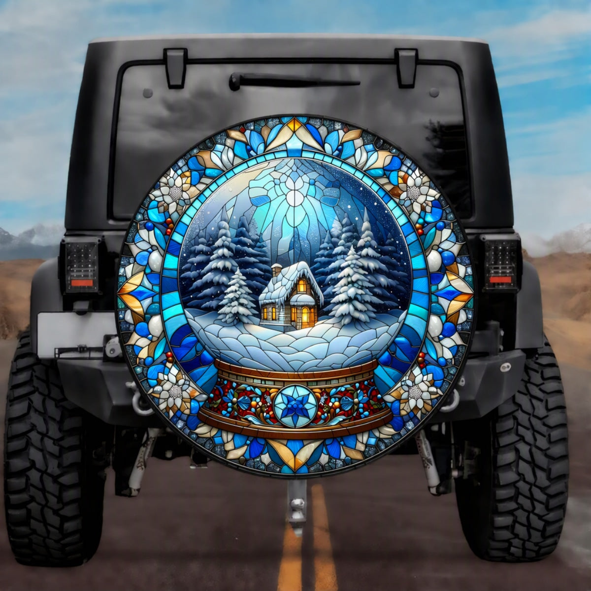 Stained Glass Snow Globe Spare Tire Cover - Jeep, Bronco, RV, Camper & More