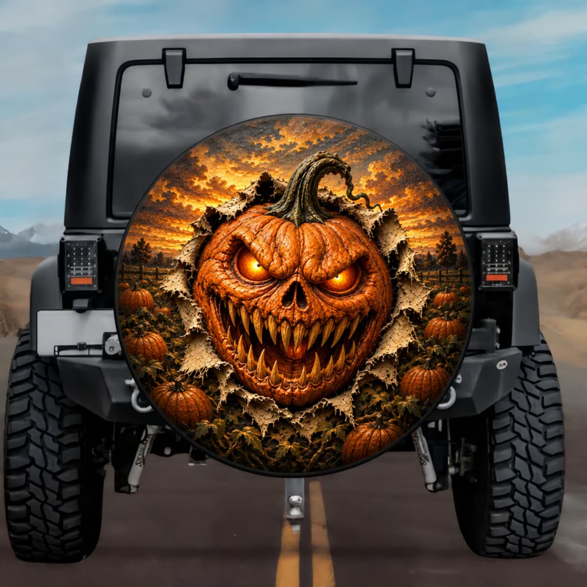 Evil Jack Lantern Monster Halloween Spare Tire Cover - Jeep, Bronco, RV, Camper & More