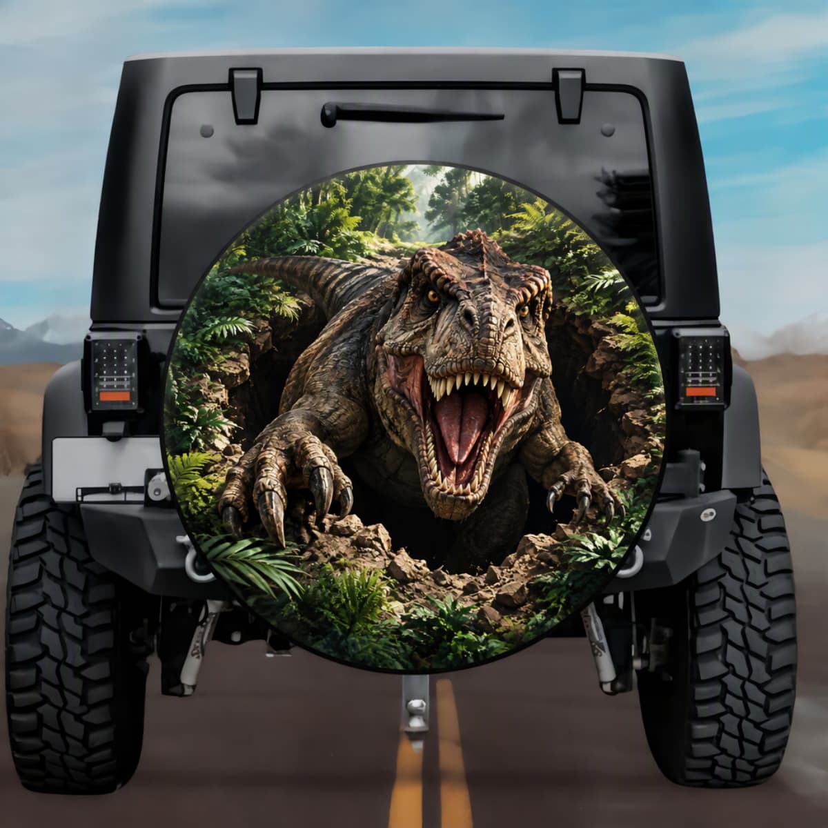 3D T-Rex Dinosaur Jungle Burst Spare Tire Cover - Jeep, Bronco, RV, Camper & More