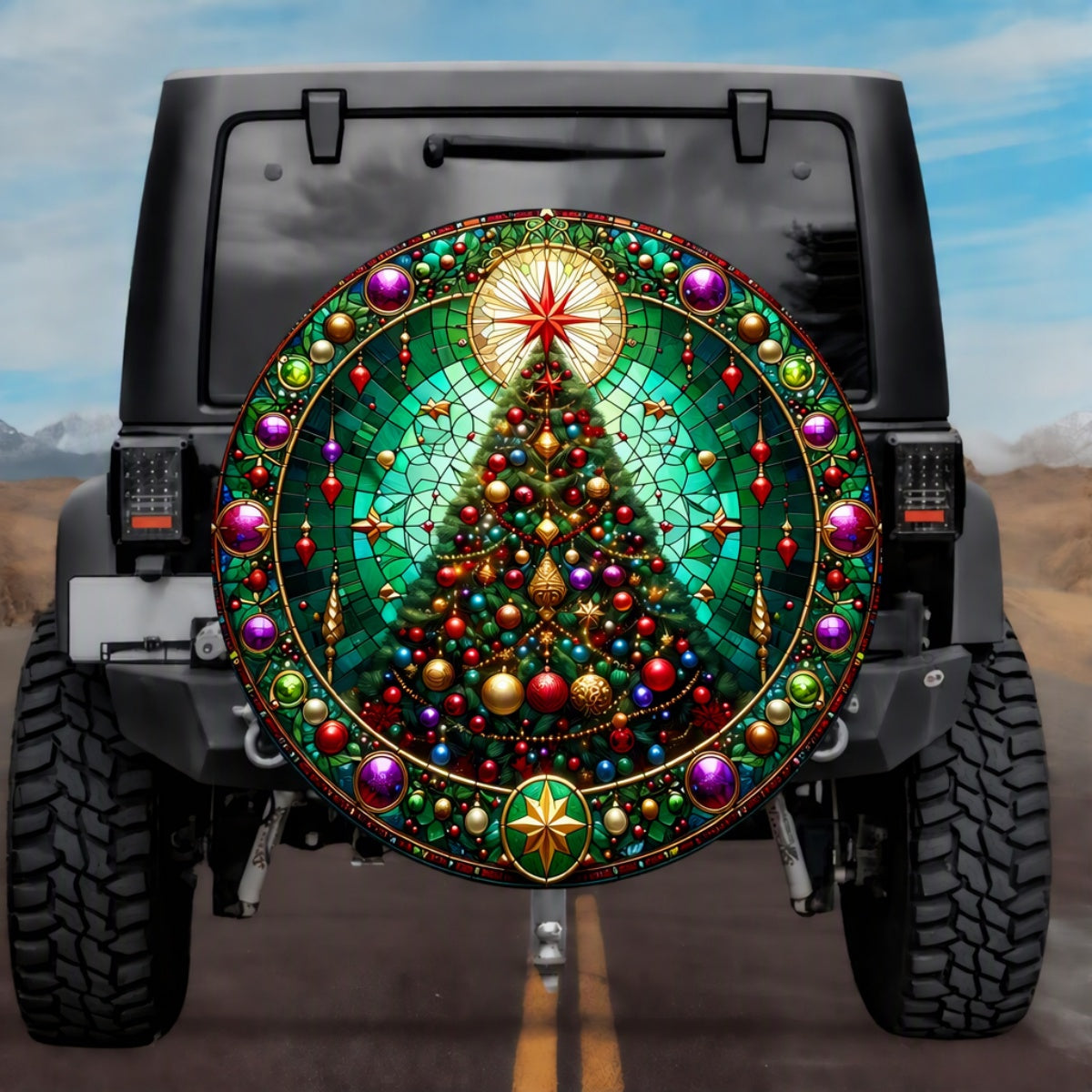 Stained Glass Christmas Tree Spare Tire Cover - Jeep, Bronco, RV, Camper & More