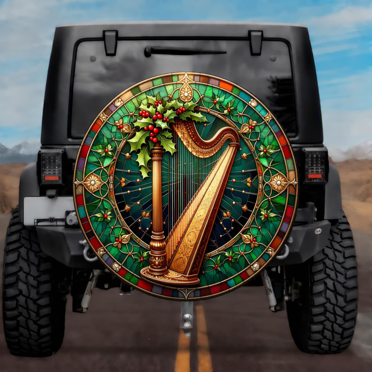 Stained Glass Golden Harp Spare Tire Cover - Jeep, Bronco, RV, Camper & More