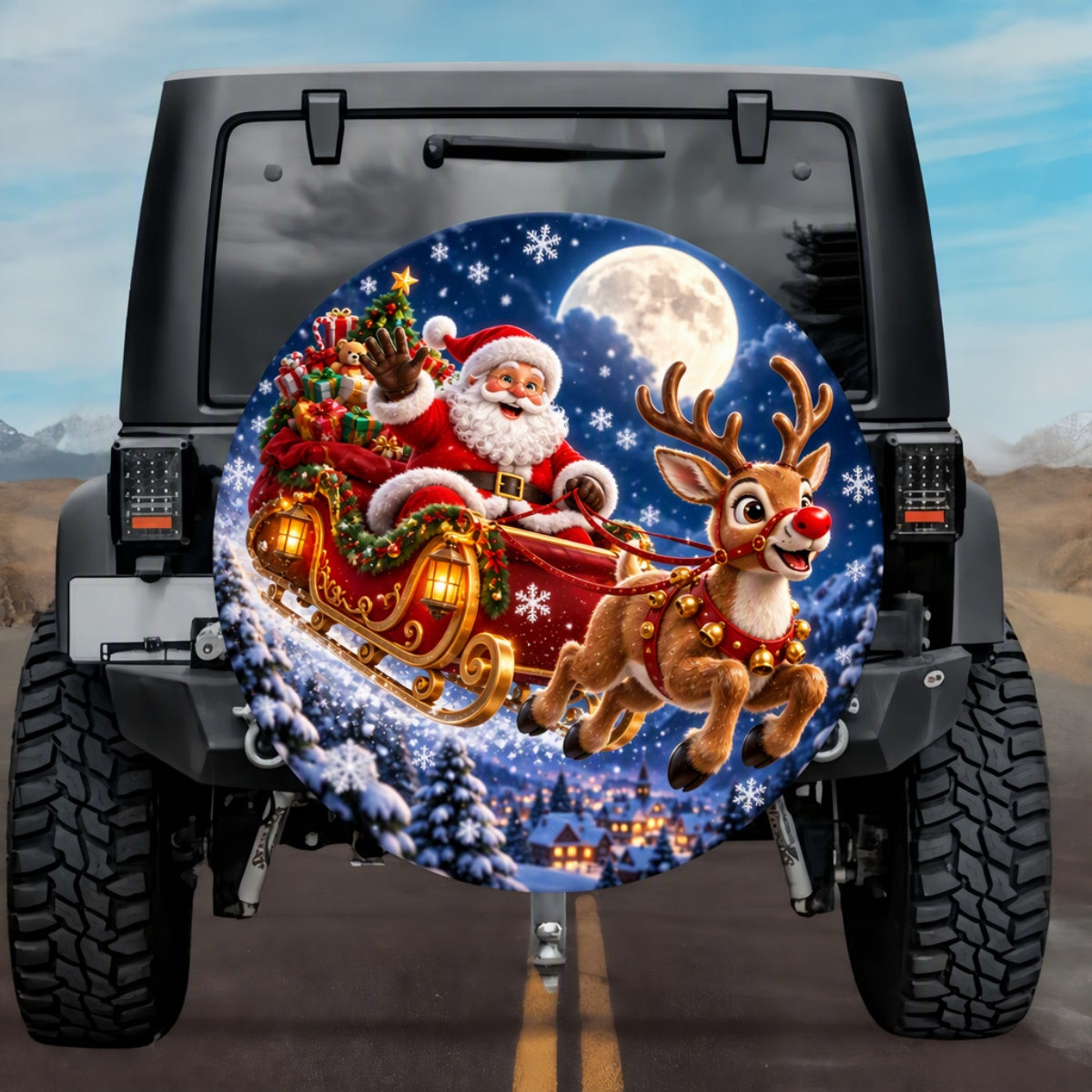 3D Flying Santa Sleigh Christmas Spare Tire Cover - Jeep, Bronco, RV, Camper & More