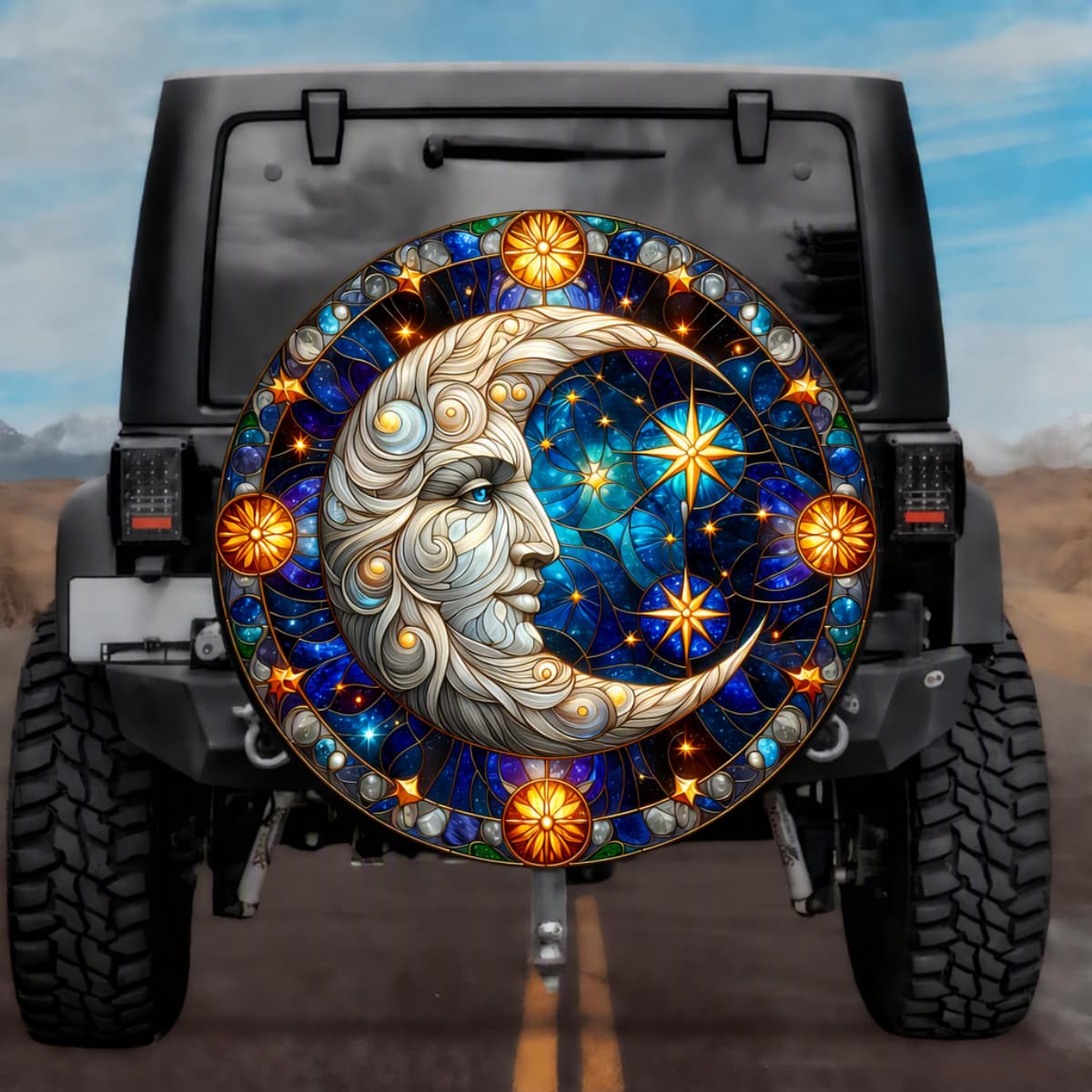 Stained Glass Crescent Moon Spare Tire Cover - Jeep, Bronco, RV, Camper & More