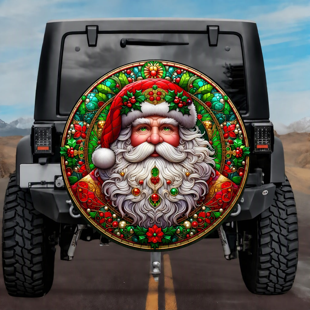 Jeweled Stained Glass Santa Claus Spare Tire Cover- Jeep, Bronco, RV, Camper & More