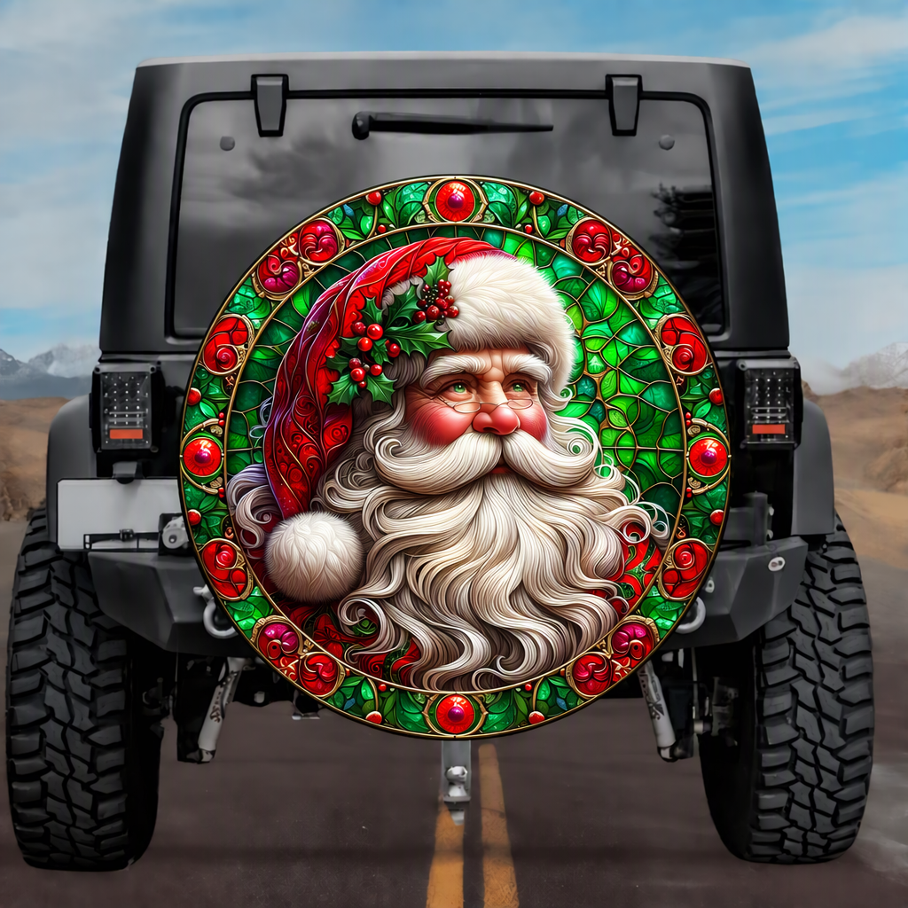 Stained Glass Santa Claus Christmas Spare Tire Cover - Jeep, Bronco, RV, Camper & More