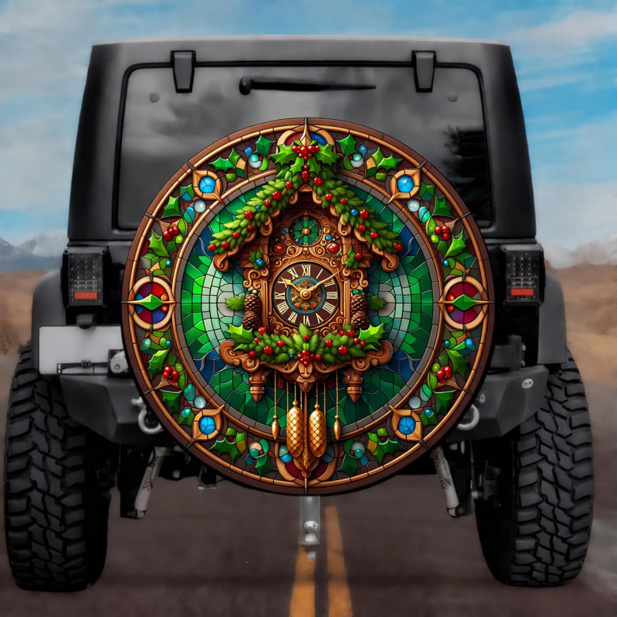 Stained Glass Cuckoo Clock Spare Tire Cover - Jeep, Bronco, RV, Camper & More