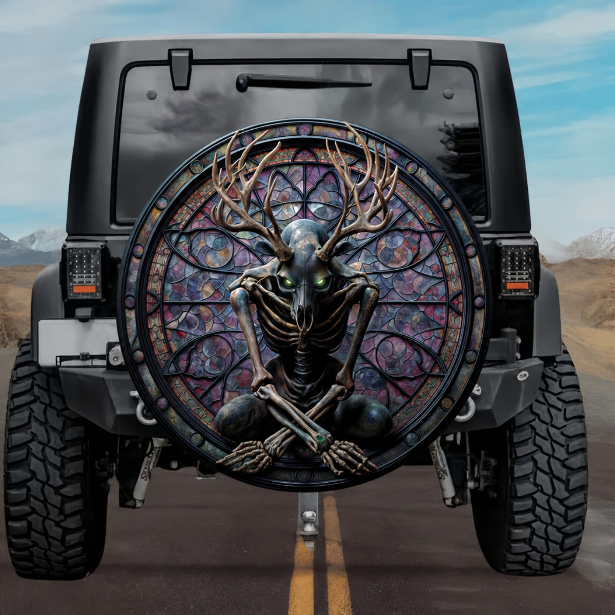 Gothic Wendigo Meditating Skeleton Deer Skull Stained Glass Spare Tire Cover