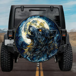 Gothic Werewolf Howling Full Moon Cobalt Blue Stained Glass Spare Tire Cover