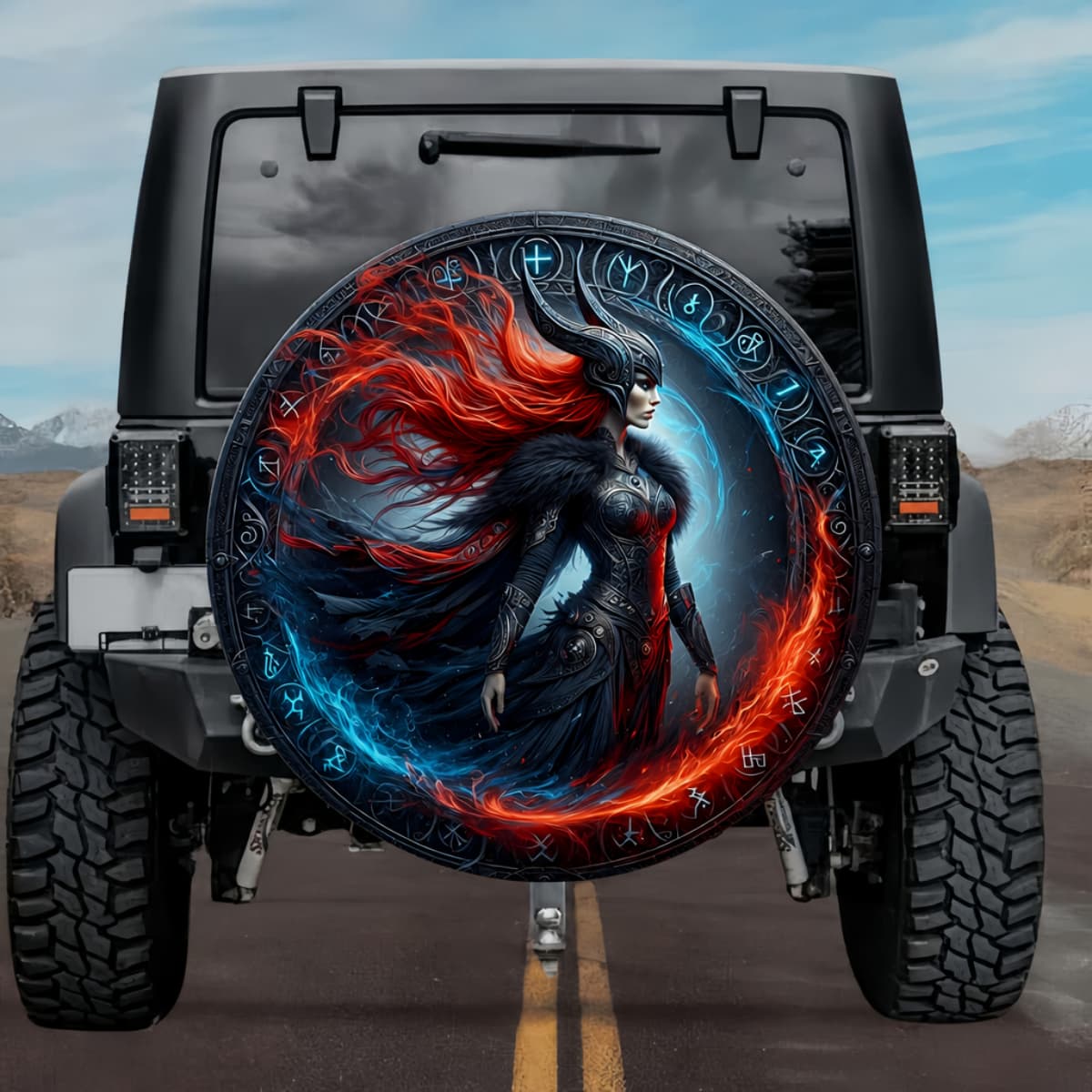 Gothic Valkyrie Skeggold Norse Runes Ice Fire Spare Tire Cover