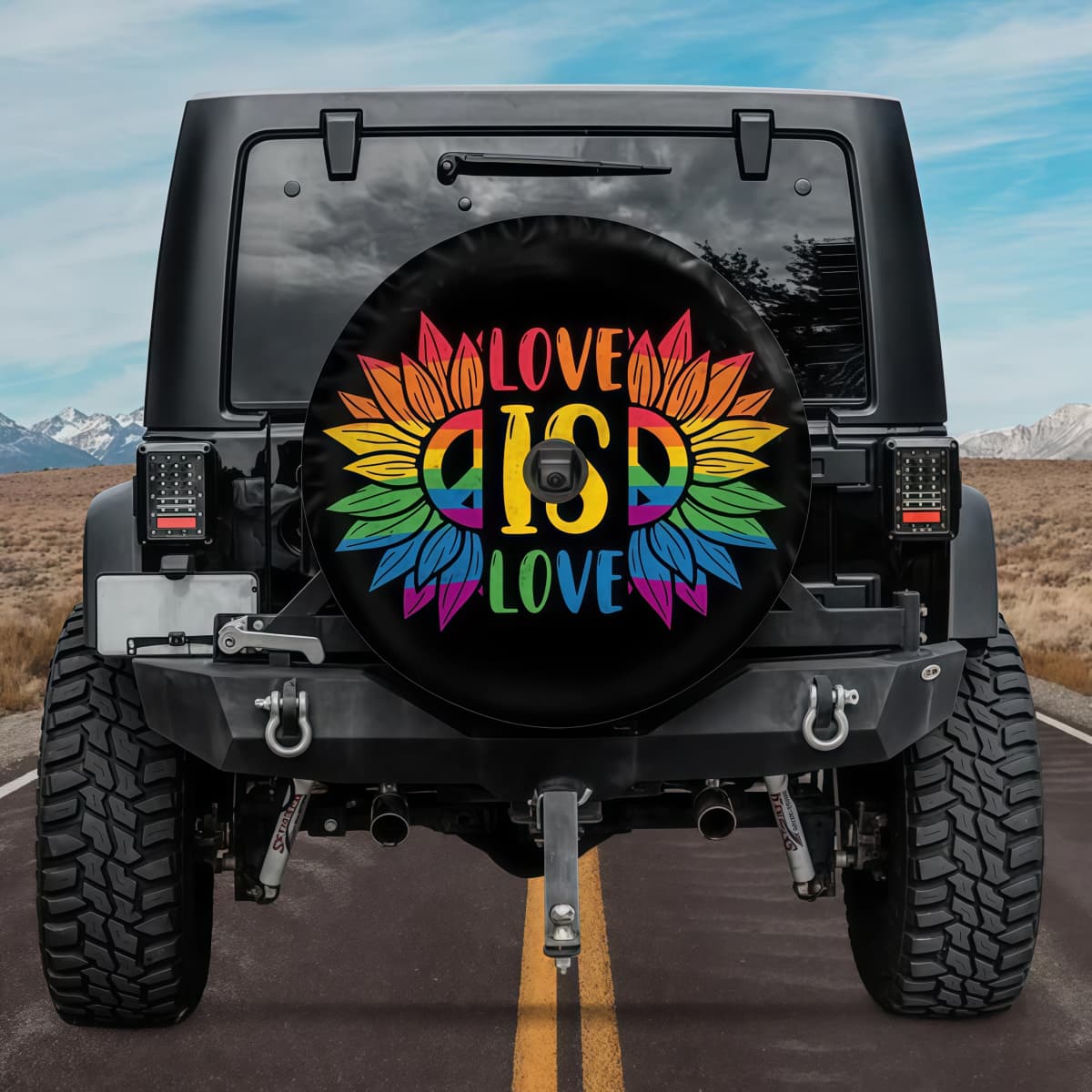 Love Is Love Rainbow Sunflower Peace Sign Spare Tire Cover for Jeep Bronco