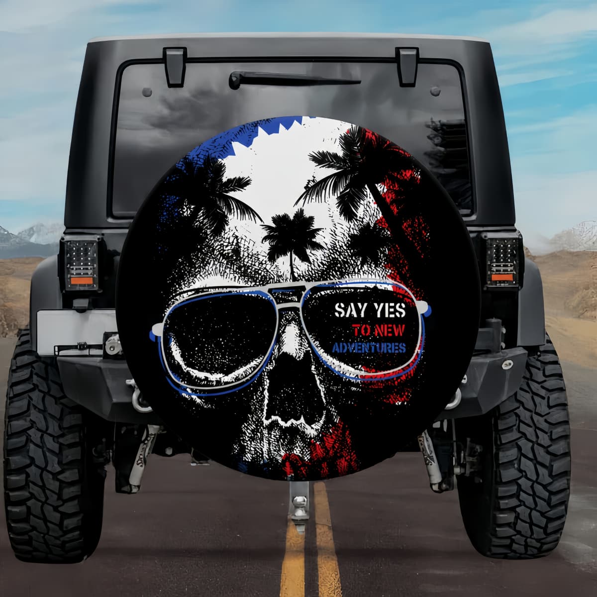 Say Yes To New Adventures Skull Palm Tree American Flag Spare Tire Cover