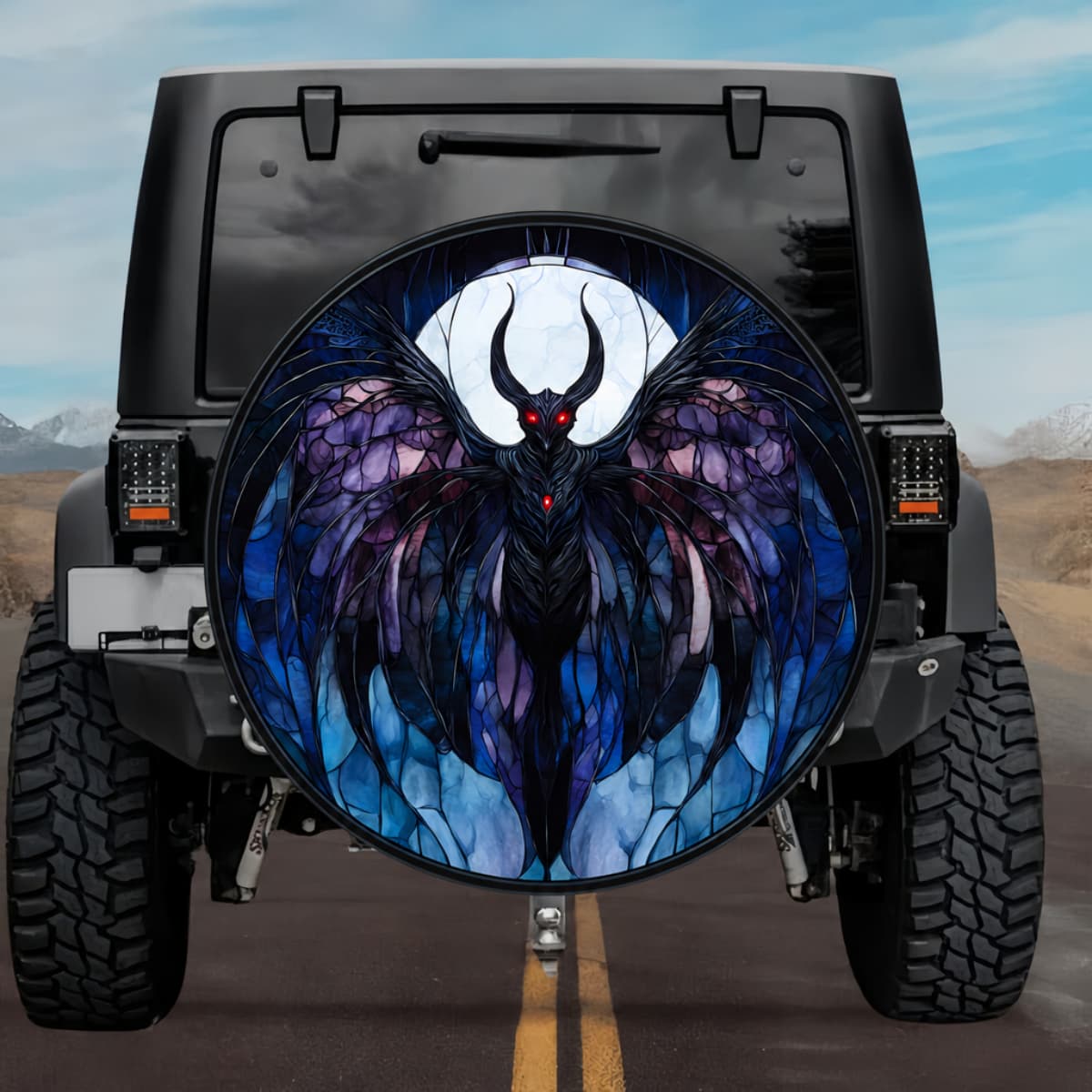 Gothic Cryptid Mothman Red Glowing Eyes Stained Glass Spare Tire Cover