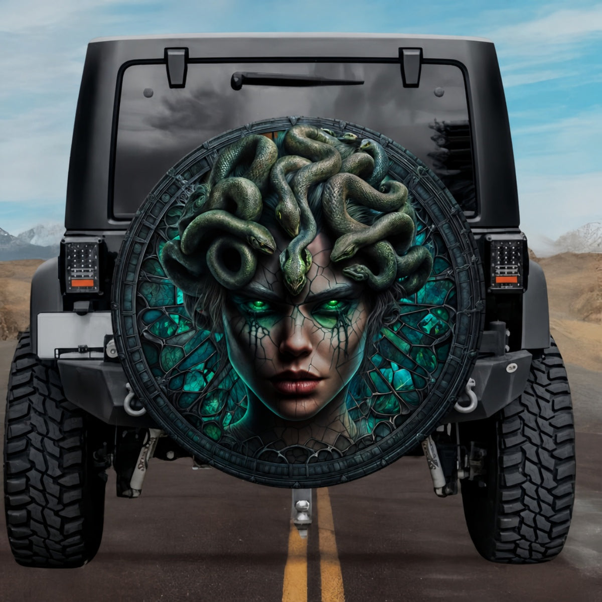 Gothic Medusa Gorgon Glowing Emerald Green Stained Glass Spare Tire Cover