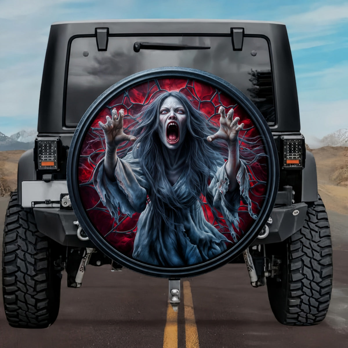 Gothic Screaming Yurei Banshee Crimson Stained Glass Spare Tire Cover