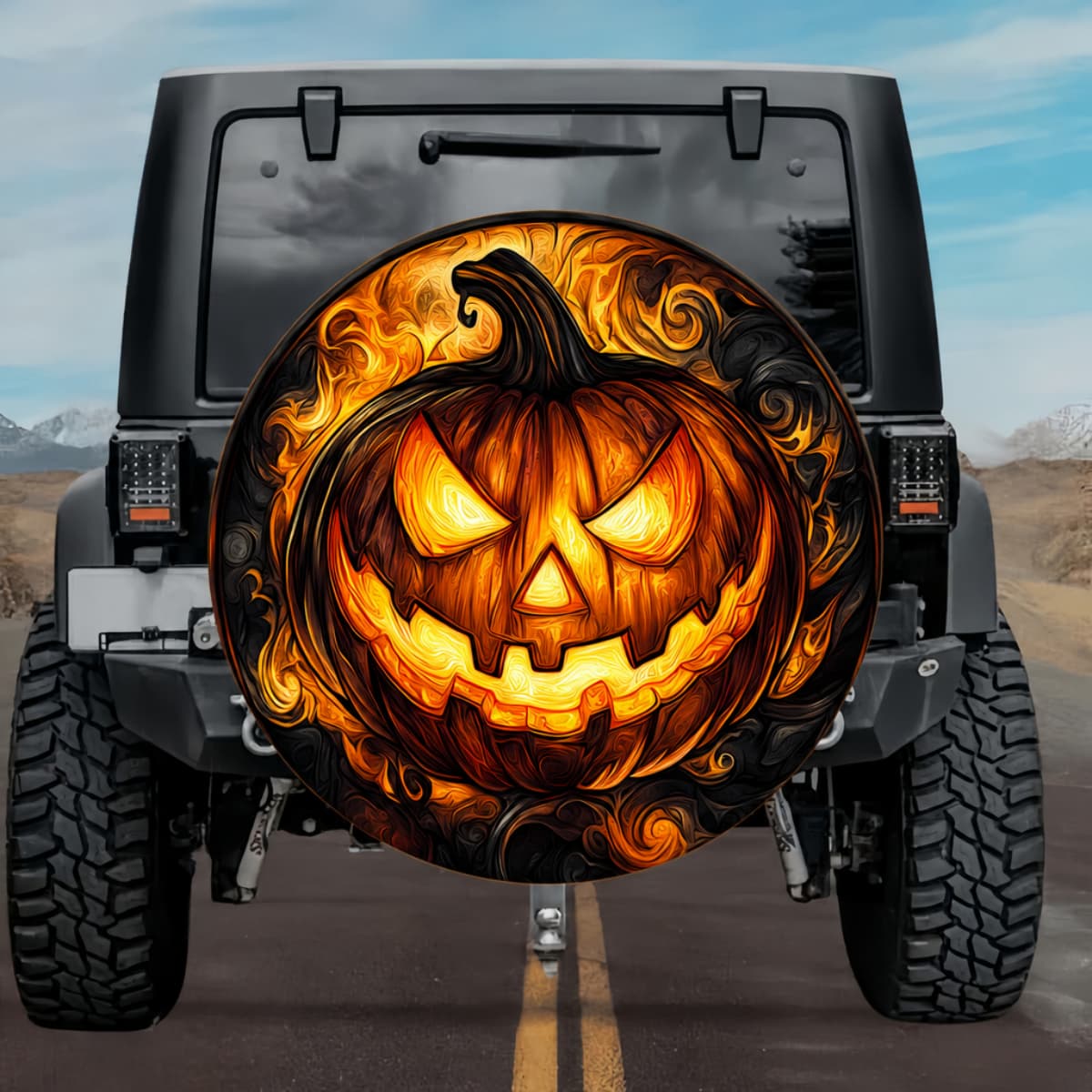 Gothic Spooky Jack O Lantern Creepy Pumpkin Candlelight Stained Glass Spare Tire Cover