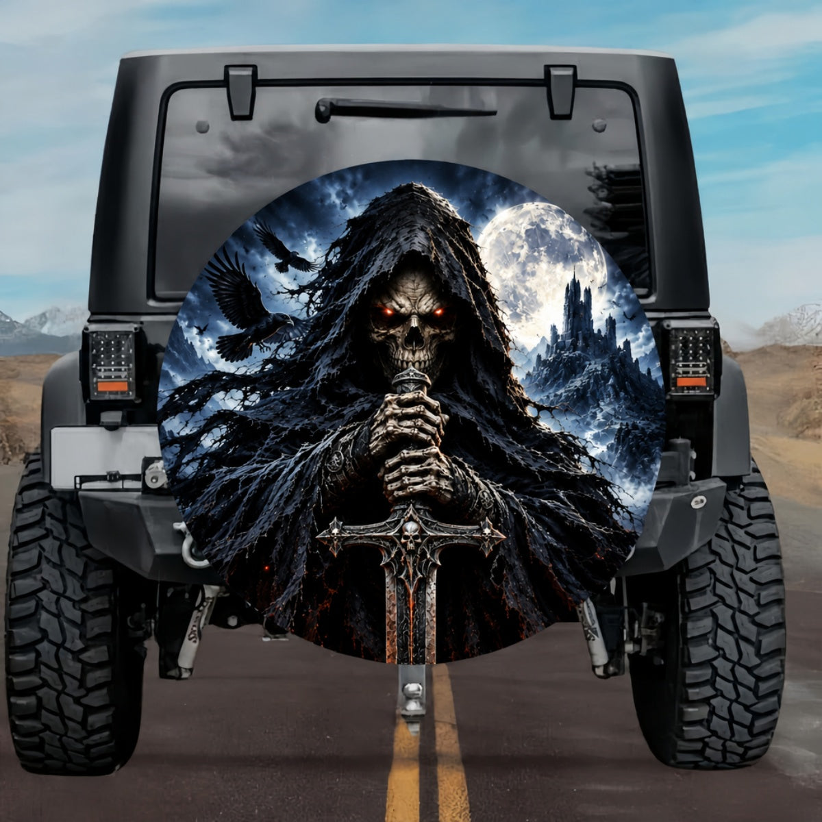 Gothic Grim Reaper Broadsword Moon Spare Tire Cover