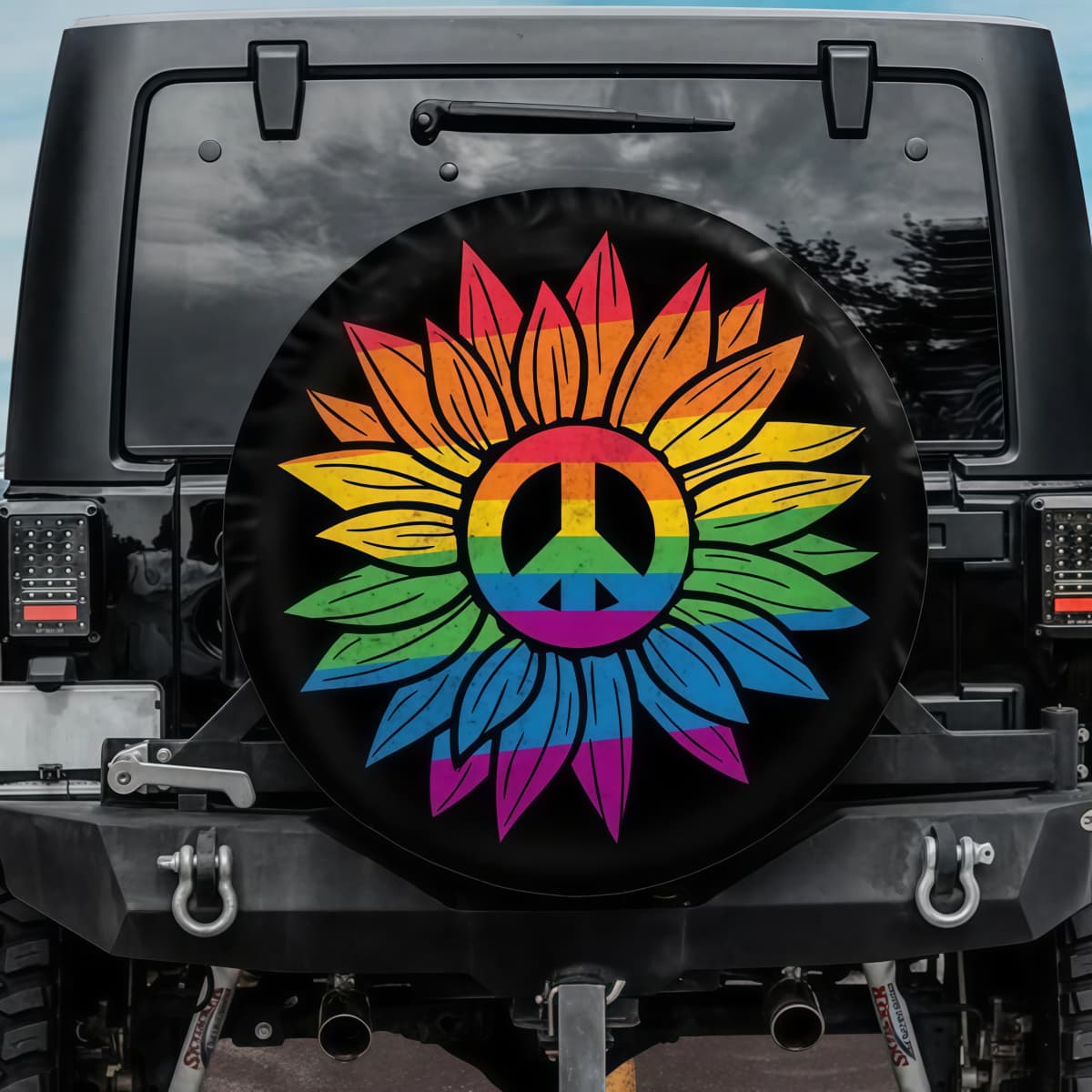 Rainbow Pride Sunflower Peace Sign Spare Tire Cover for Jeep Wrangler Bronco
