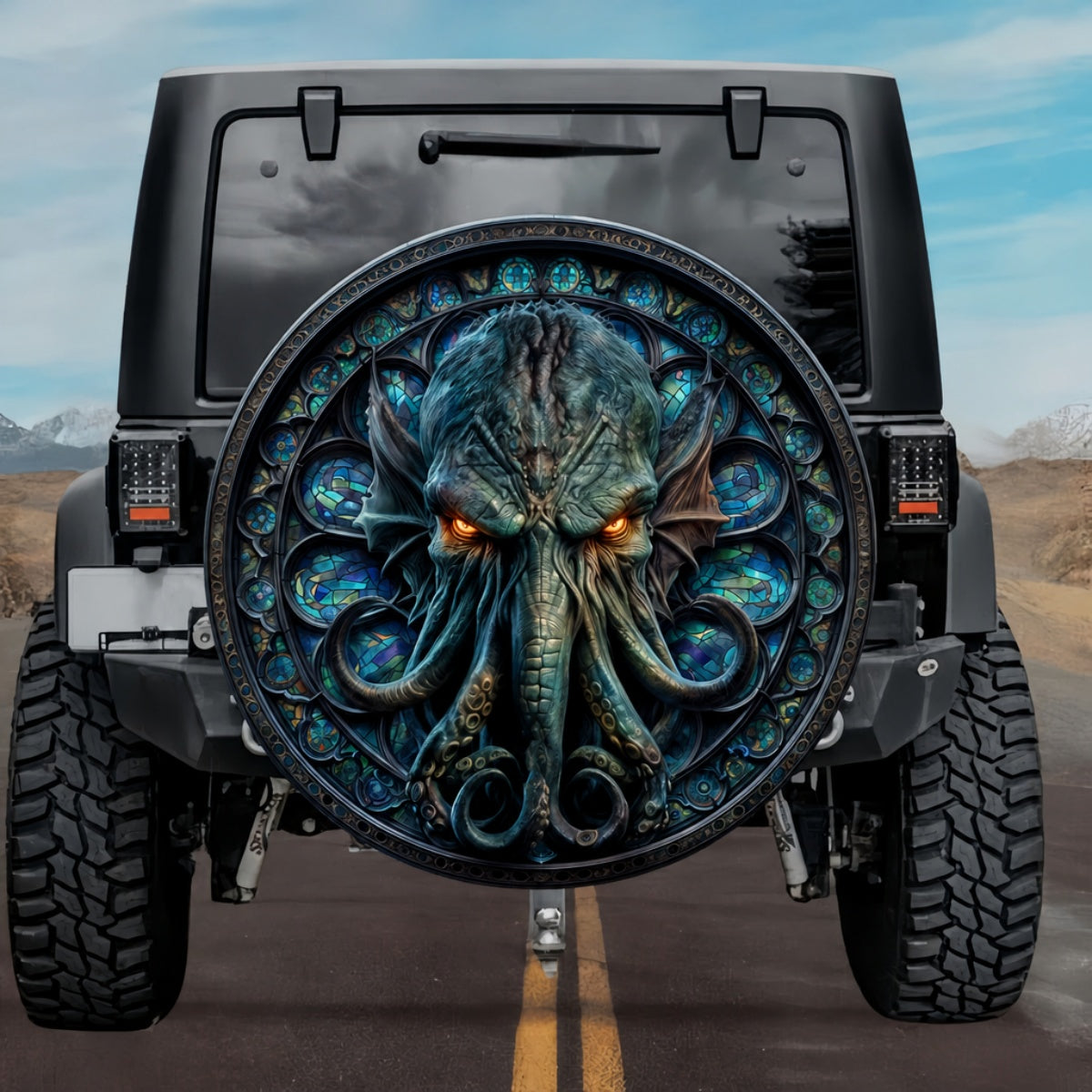 Gothic Cthulhu Deep Sea Teal Stained Glass Spare Tire Cover