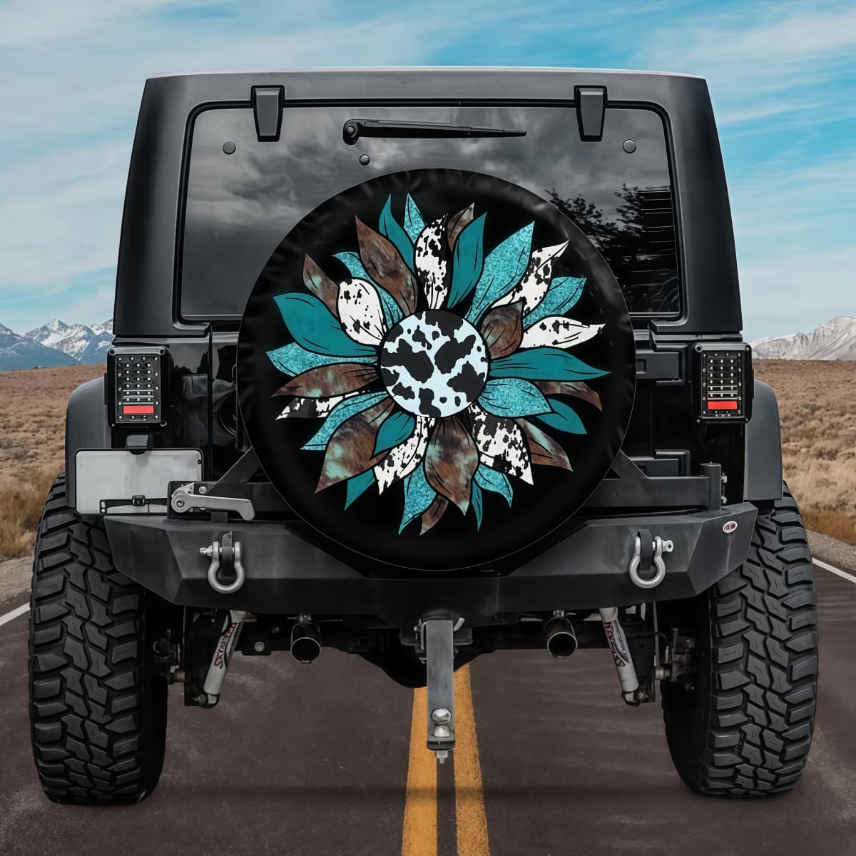 Teal Turquoise Sunflower Cowprint Spare Tire Cover for Jeep Wrangler Bronco