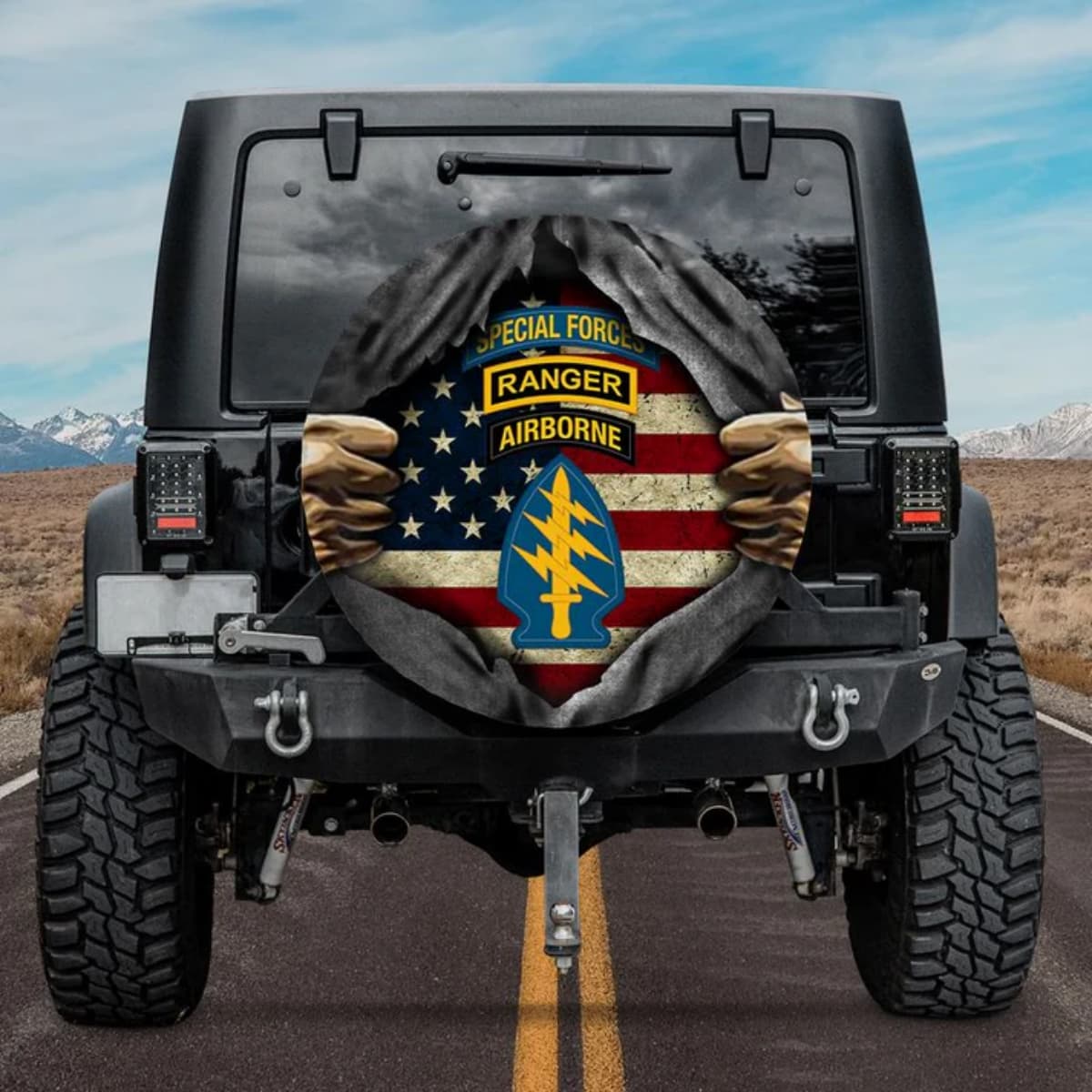 US Army Special Forces Ranger Airborne Ripped Spare Tire Cover for Jeep Bronco