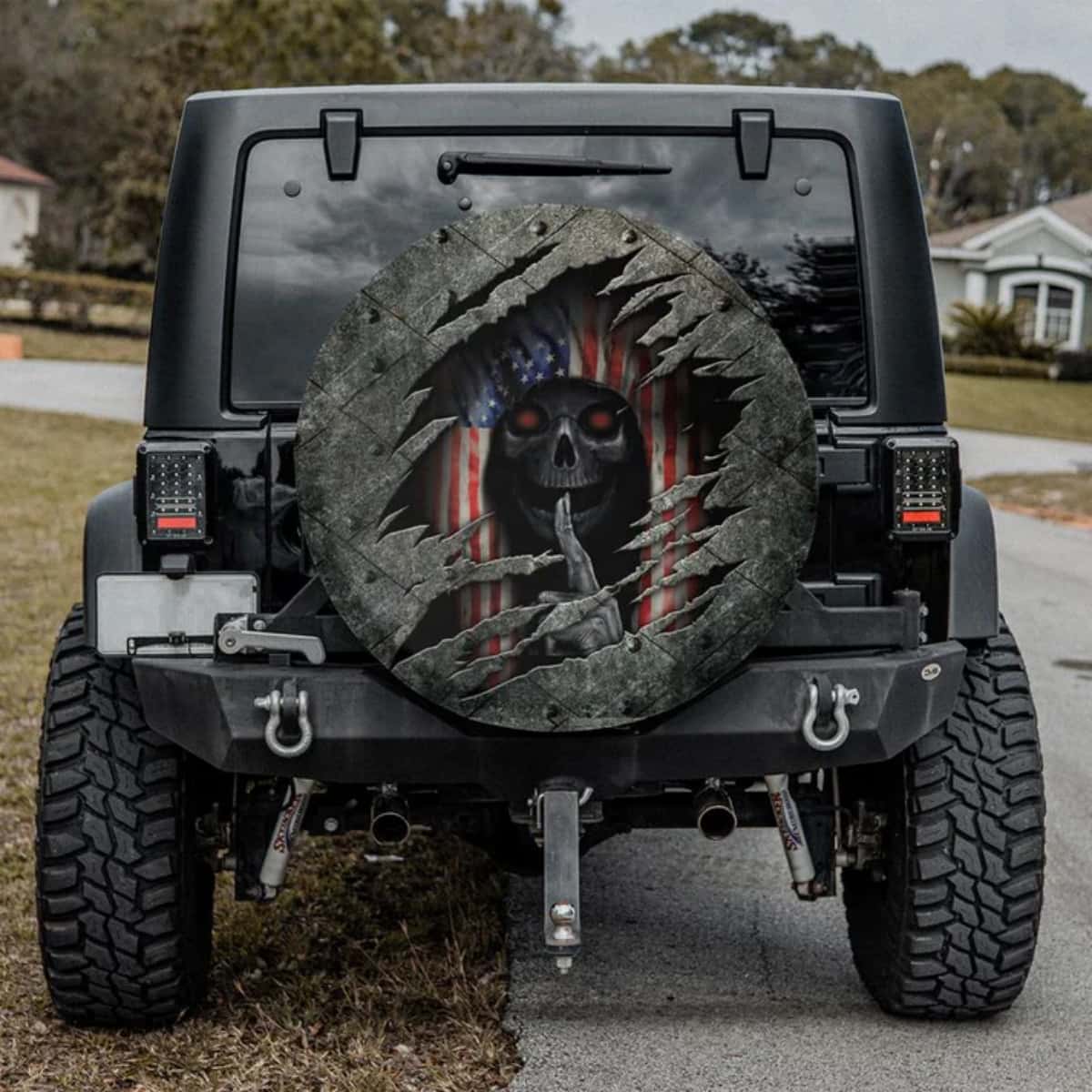 Rip Through Metal Patriotic US Flag Red Eyes Grim Reaper SUV Tire Cover