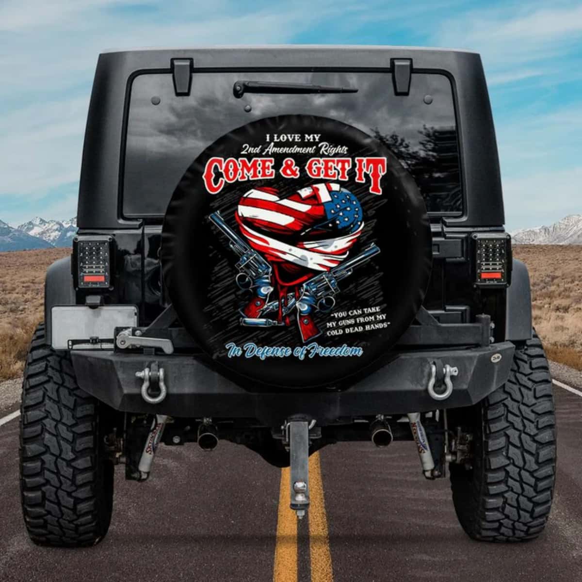 The 2A Patriot Come And Get It US Flag Dual Pistols Spare Tire Cover