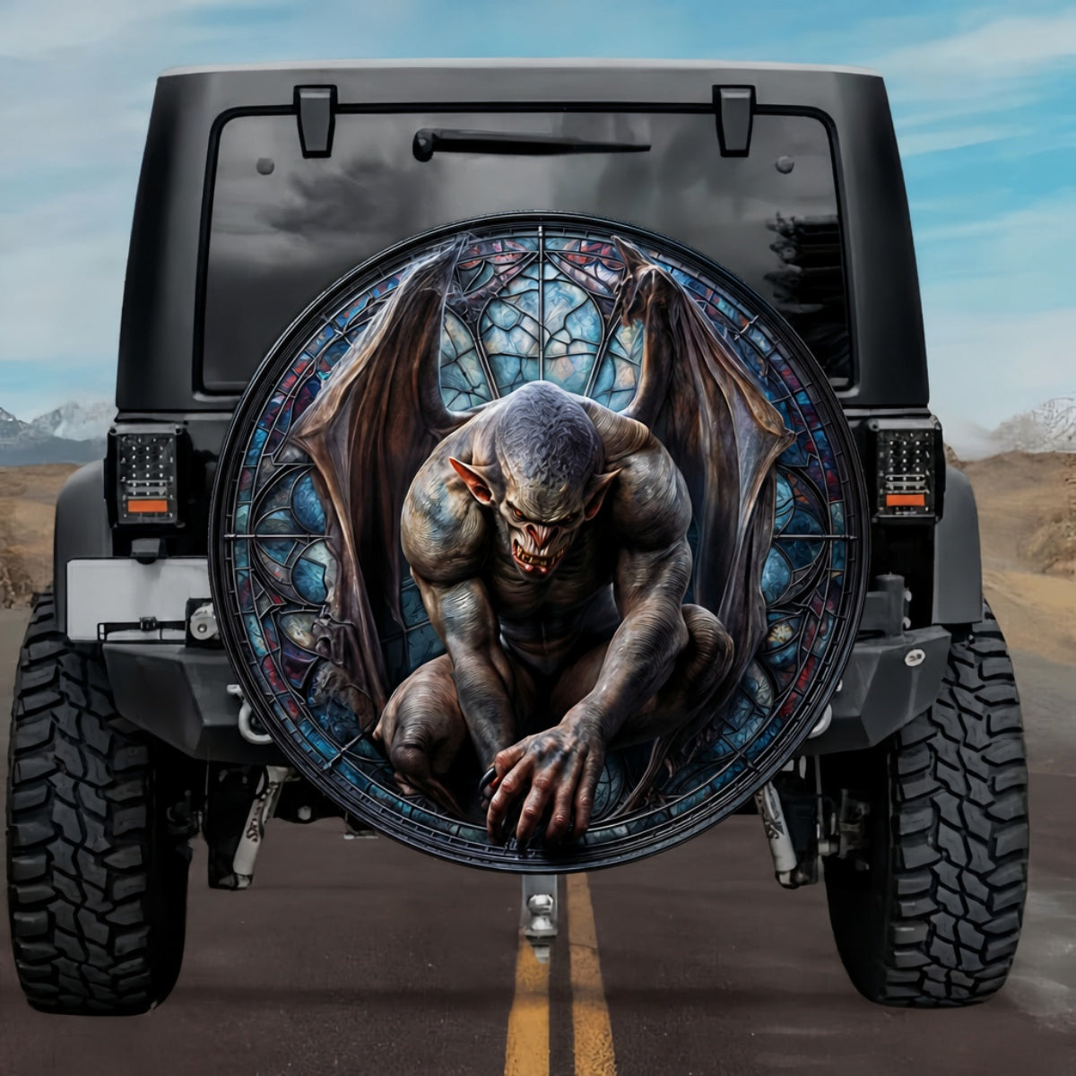 Gothic Gargoyle Stone Demon Glowing Red Eyes Blue Stained Glass Spare Tire Cover