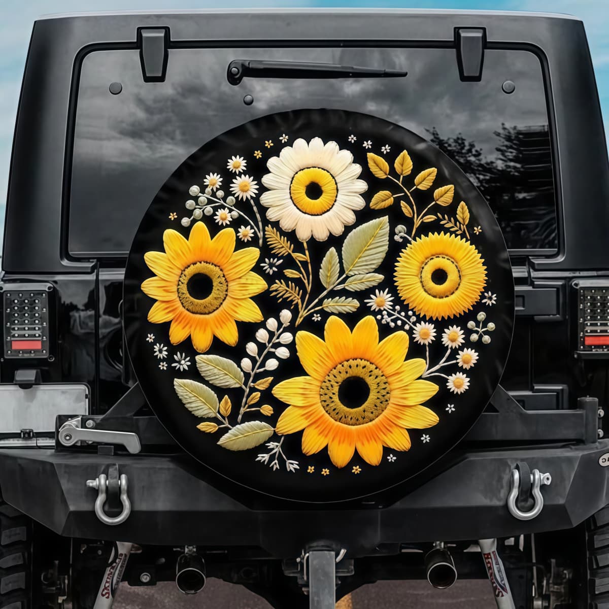 Vibrant Botanical White Daisy and Yellow Sunflower SUV Tire Cover