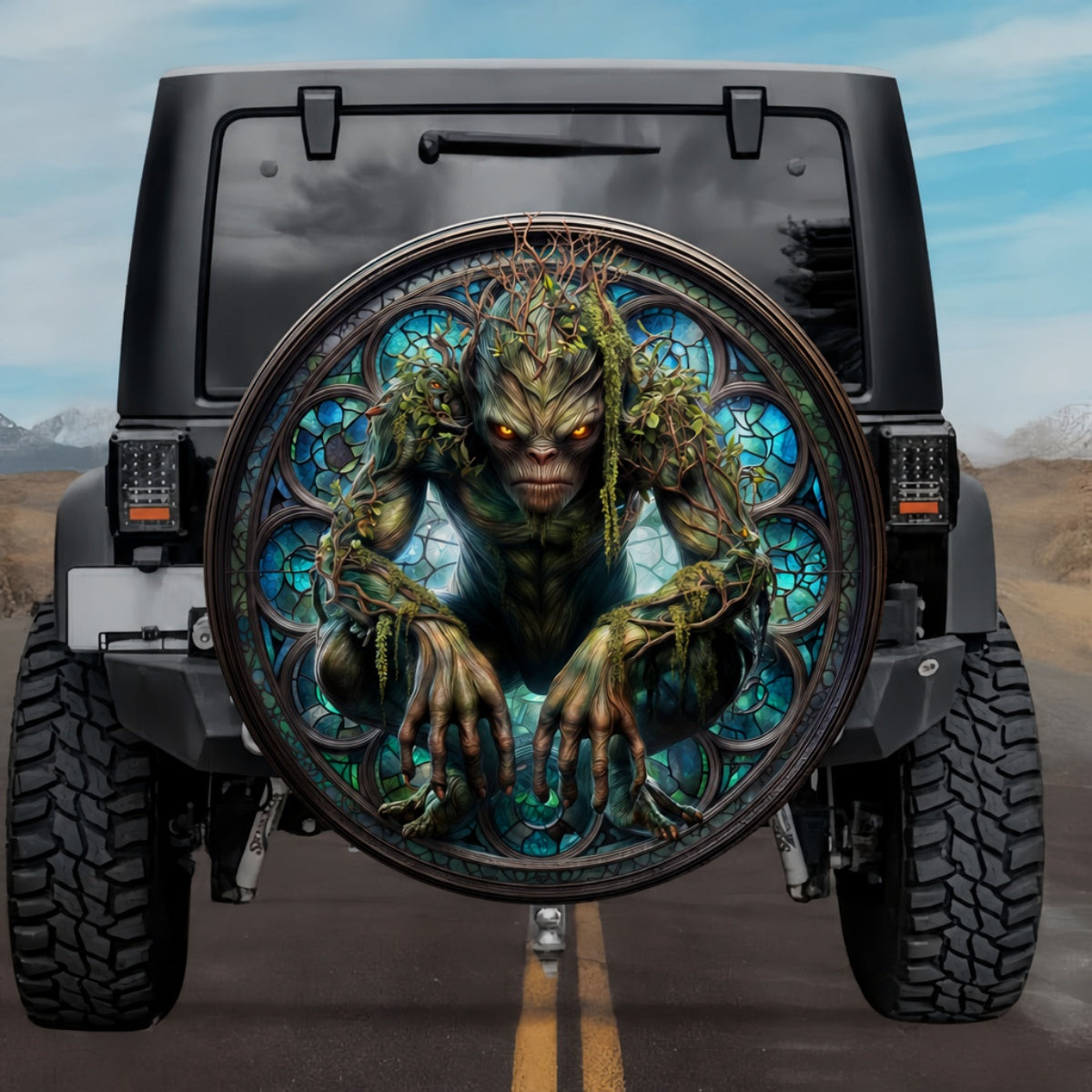 Gothic Swamp Creature Crouching Lurker Teal Stained Glass Spare Tire Cover