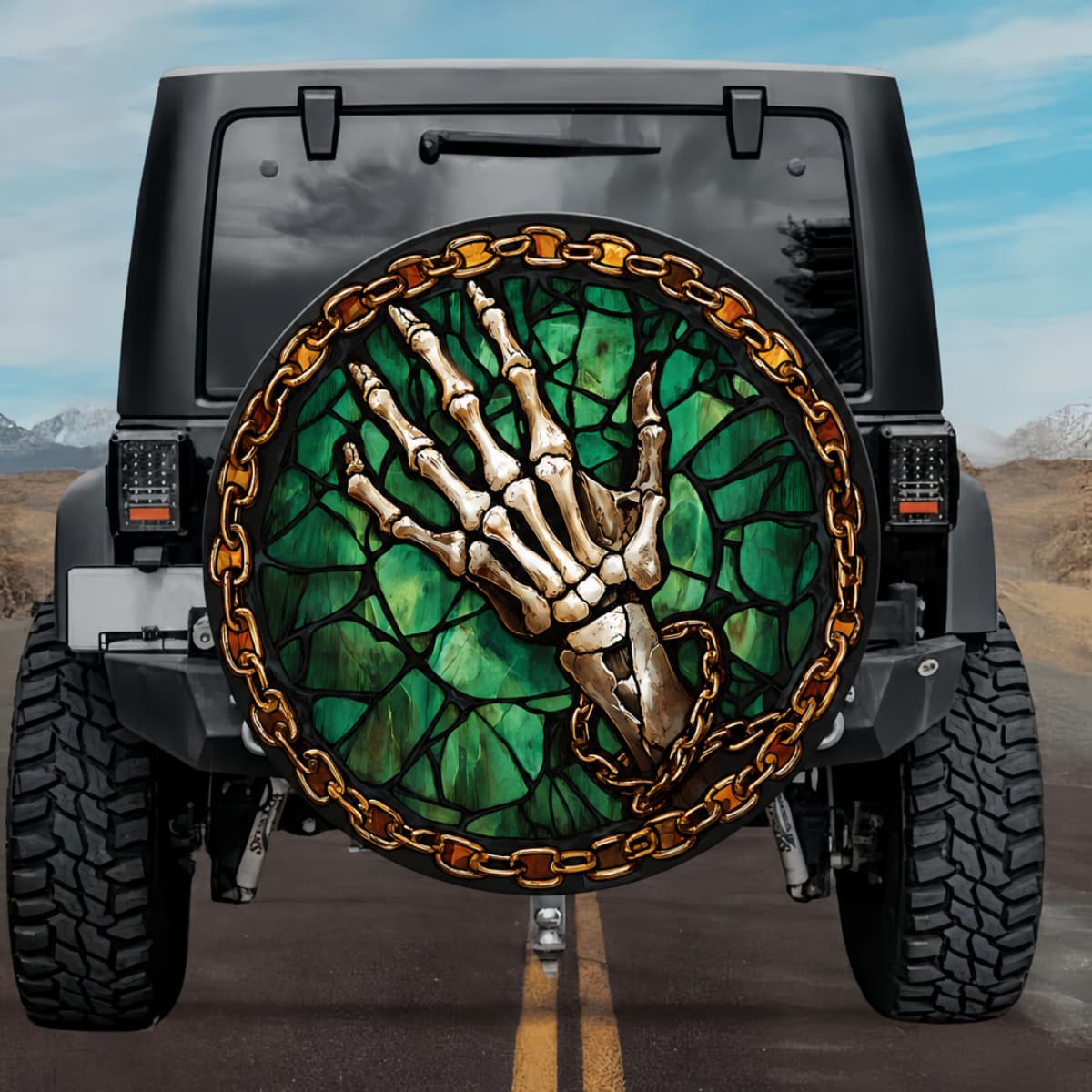Gothic Chained Skeleton Hand Emerald Green Stained Glass Spare Tire Cover