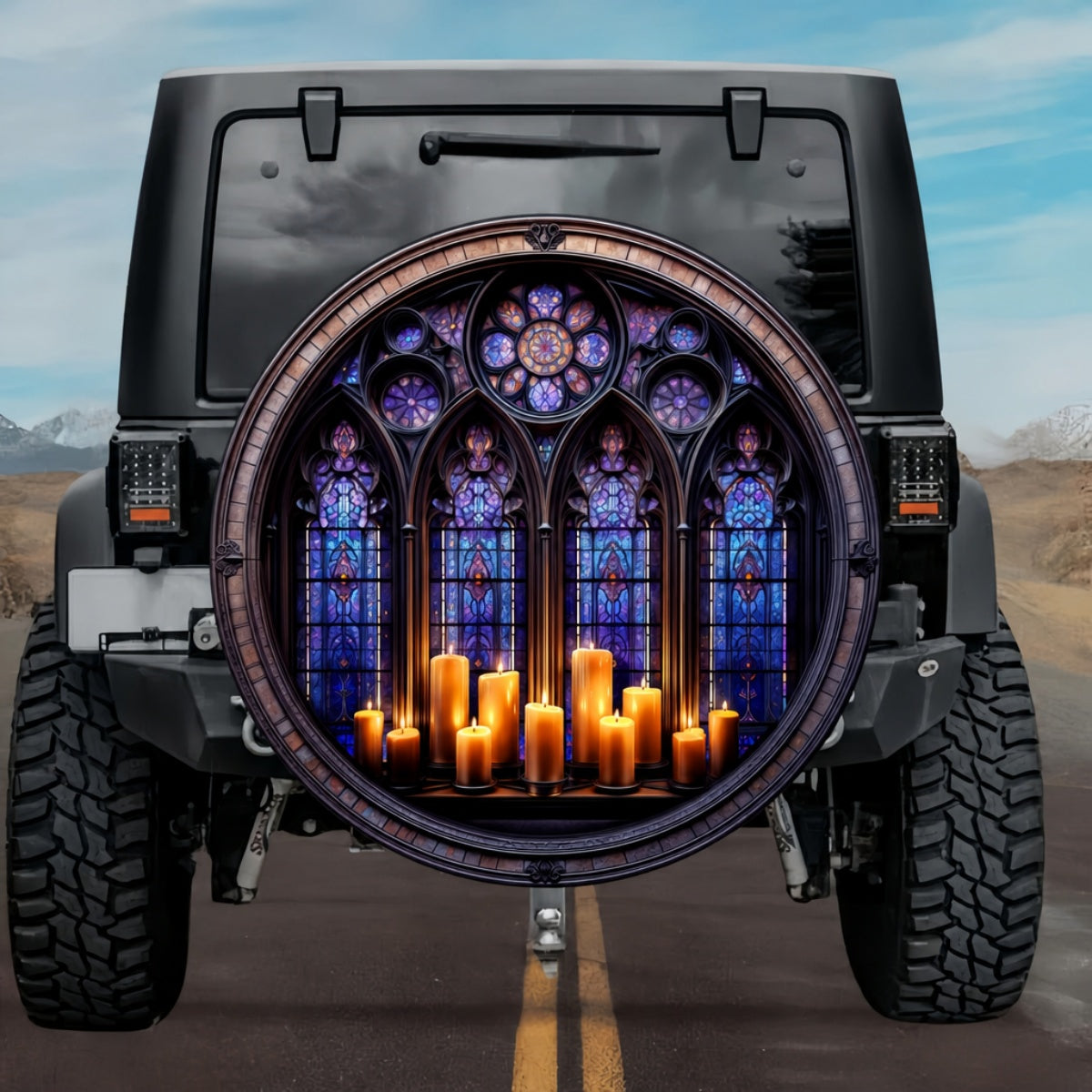 Gothic Cathedral Stained Glass Window Glowing Candles Spare Tire Cover