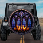 Gothic Cathedral Stained Glass Window Glowing Candles Spare Tire Cover