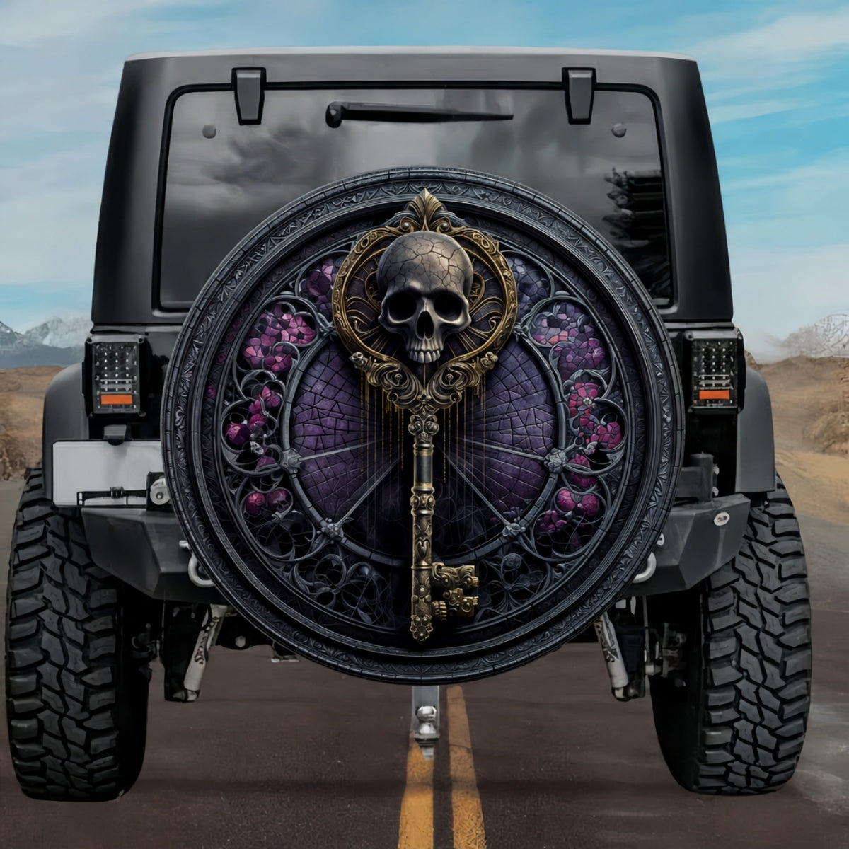 Gothic Skeleton Key Skull Handle Purple Stained Glass Spare Tire Cover
