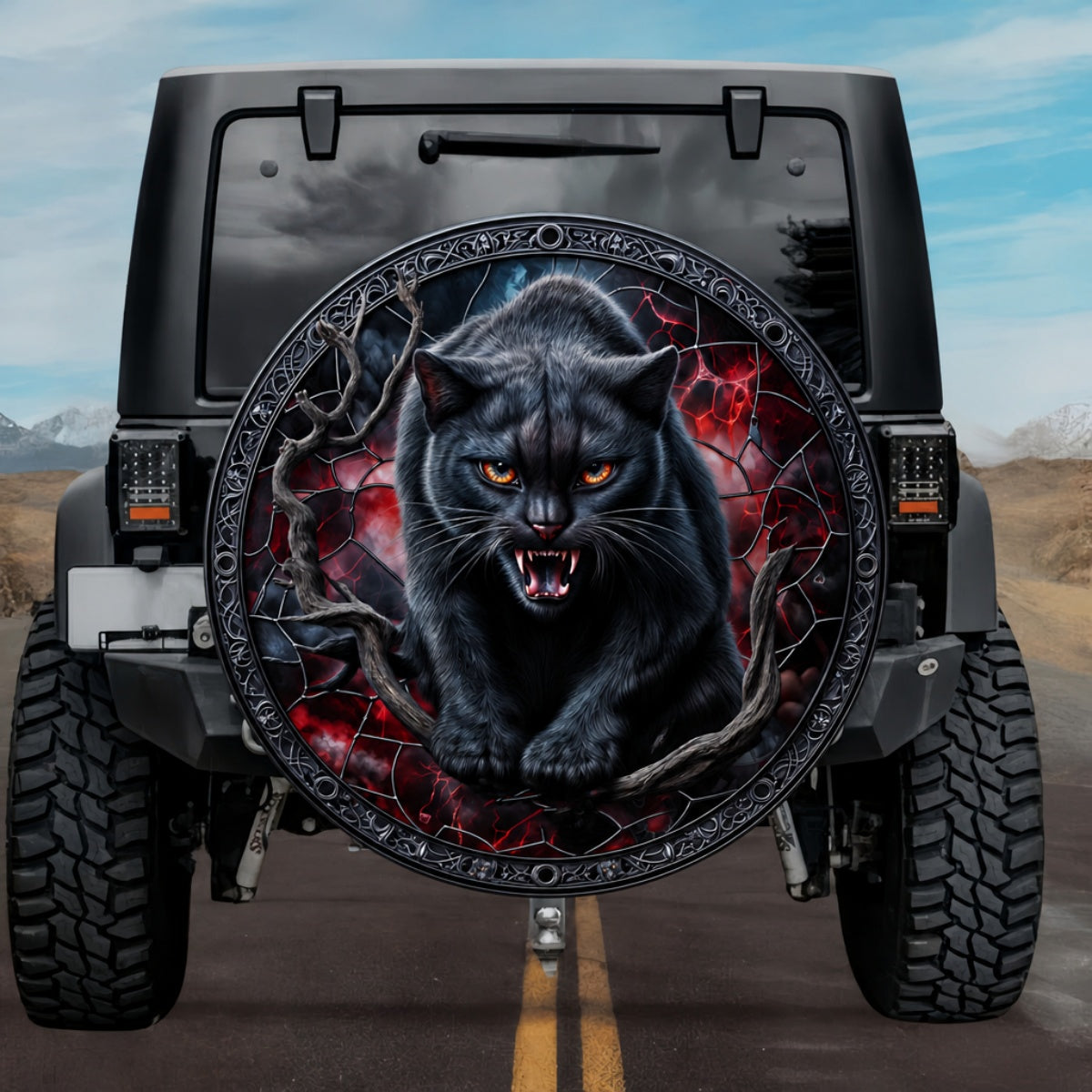 Gothic Black Cat Snarling Crimson Stained Glass Spare Tire Cover
