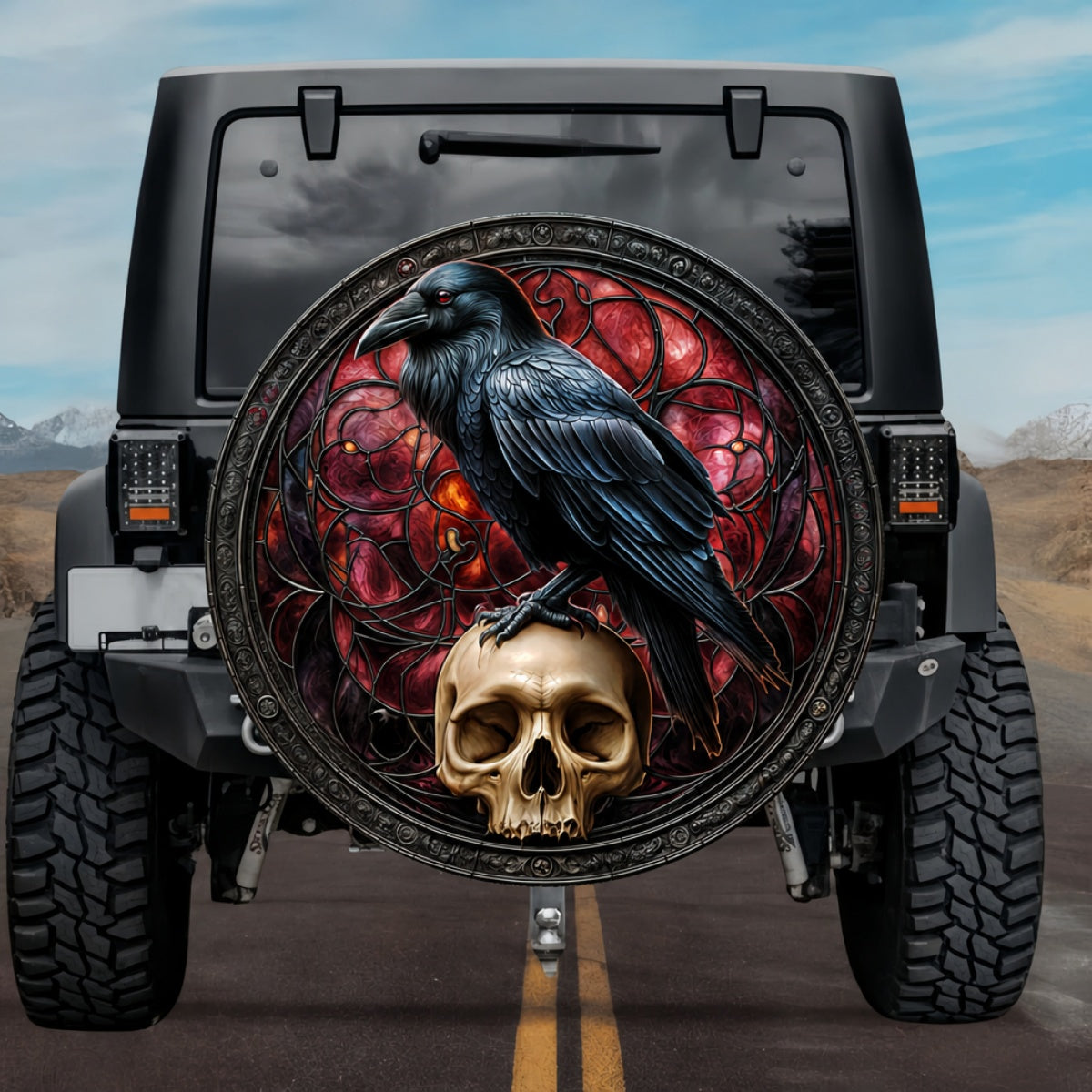 Gothic Raven on Skull Crimson Stained Glass Spare Tire Cover