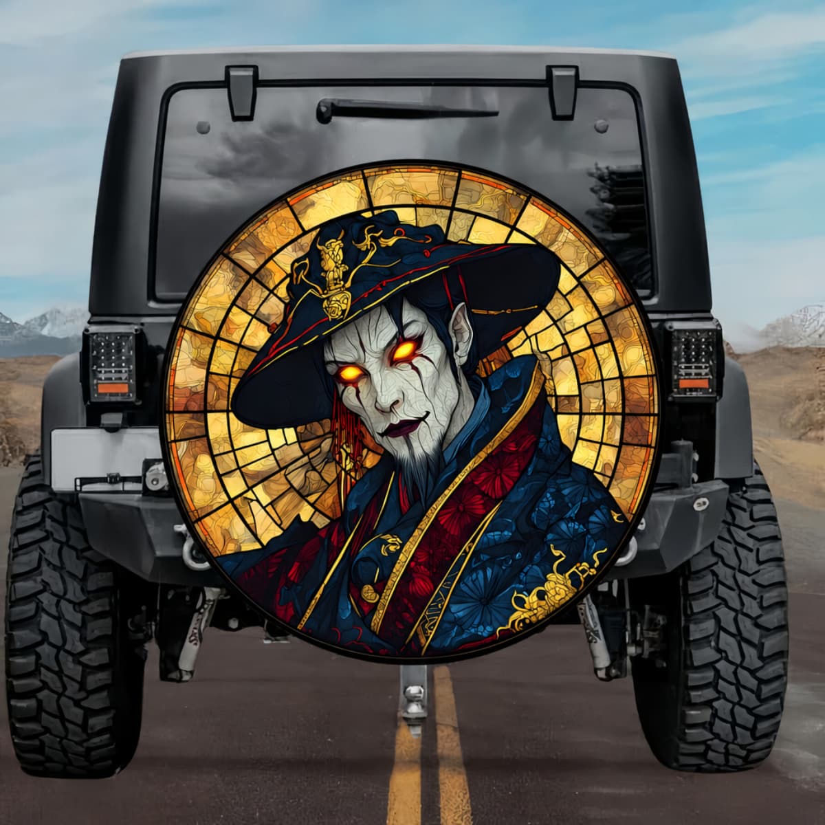Gothic Oriental Jiangshi Vampire Qing Official Amber Stained Glass Spare Tire Cover
